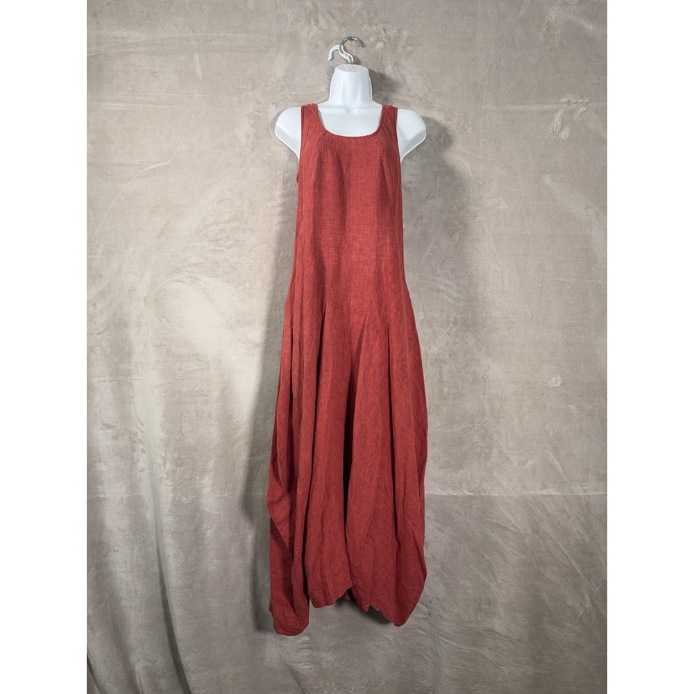 Vintage Deca Paris Linen Maxi Dress Womens 2 Red Lagenlook Balloon Hem Boho